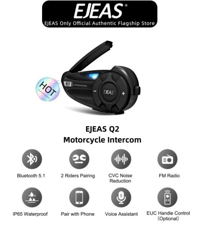 EJEAS Q2 Motorcycle Helmet Bluetooth Intercom Headset, 2-rider talk in real time, Bluetooth 5.1 Waterproof 1 Pack
