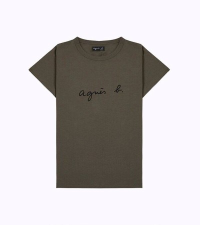 春夏季新款agnes b草书PALEESIJA字母纯棉短袖T恤深蓝色女装
